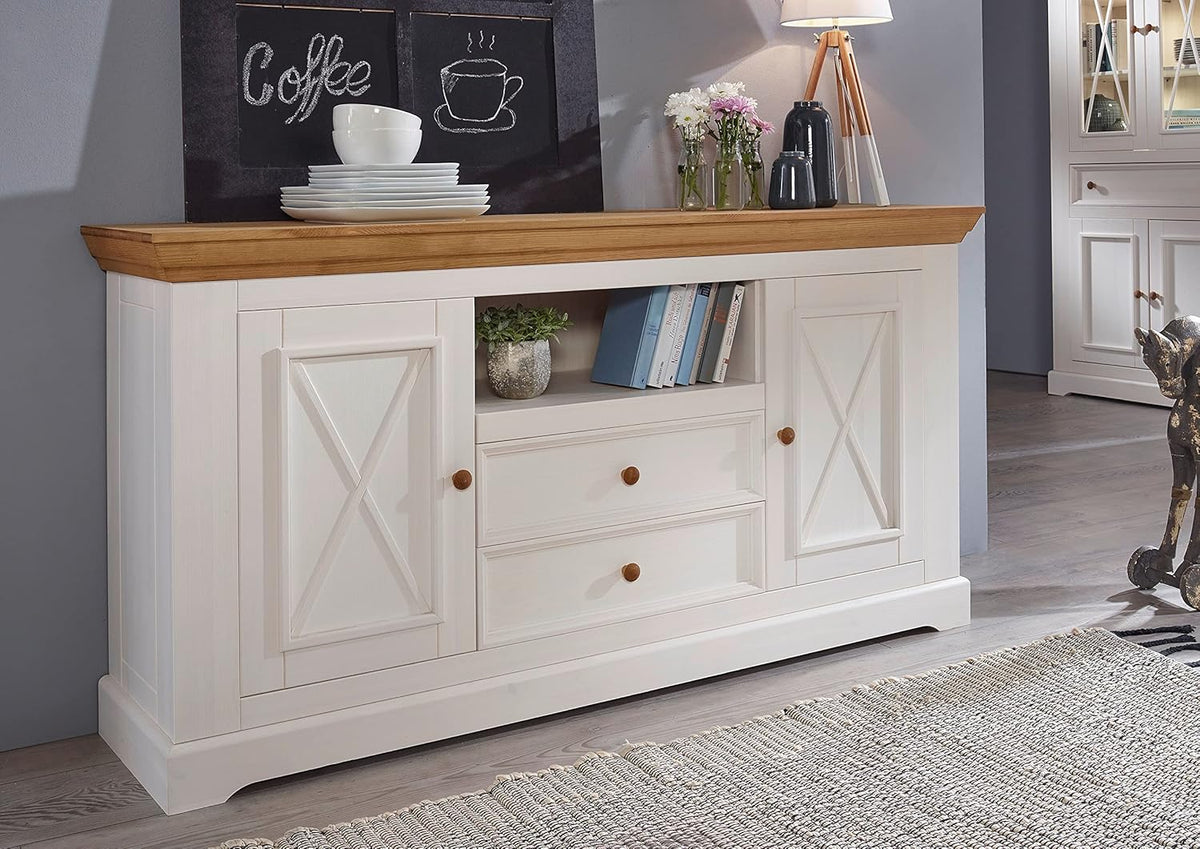Aparador Woodroom Oslo de madera de pino maciza blanca (ancho x alto x fondo: 169x88x42 cm), cómoda, aparador