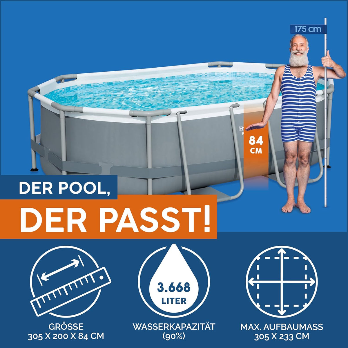 Set de piscina con estructura Bestway Power Steel, ovalada, con bomba de filtrado, 305 x 200 x 84 cm, gris, 5614A