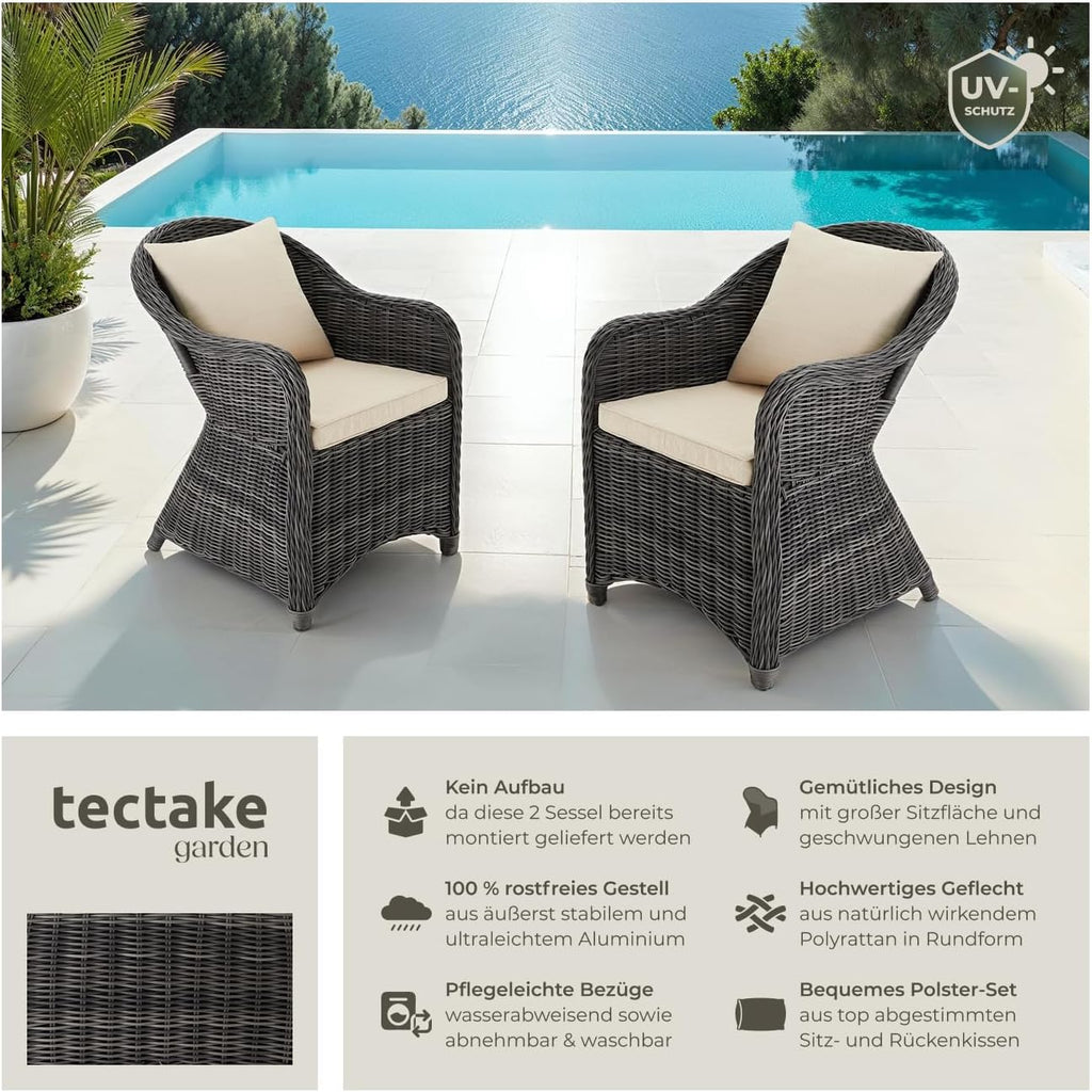 tectake® Alu Polyrattan Gartenstuhl 2er Set, Gartenmöbel Set mit 2 Sessel, wetterfest, Rattan Gartensessel mit weichen Sitzpolster, abziehbarer und waschbarer Bezug, stabil und bodenschonend - grau