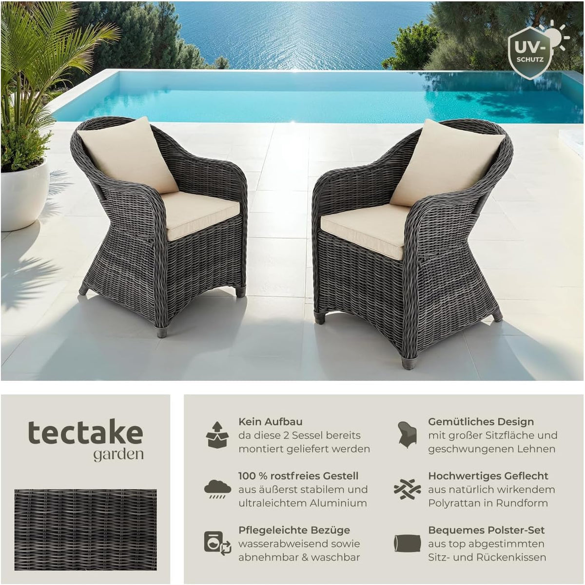 tectake® Alu Polyrattan Gartenstuhl 2er Set, Gartenmöbel Set mit 2 Sessel, wetterfest, Rattan Gartensessel mit weichen Sitzpolster, abziehbarer und waschbarer Bezug, stabil und bodenschonend - grau