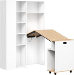 Merax klappbarer 2-in-1 Schreibtisch mit Ablagen, Steckdose & USB, Kippschutz, Eck-Schreibtisch Links – Homeoffice, Studentenwohnung, platzsparend, funktional, Regal & Arbeitsplatz, Weiß