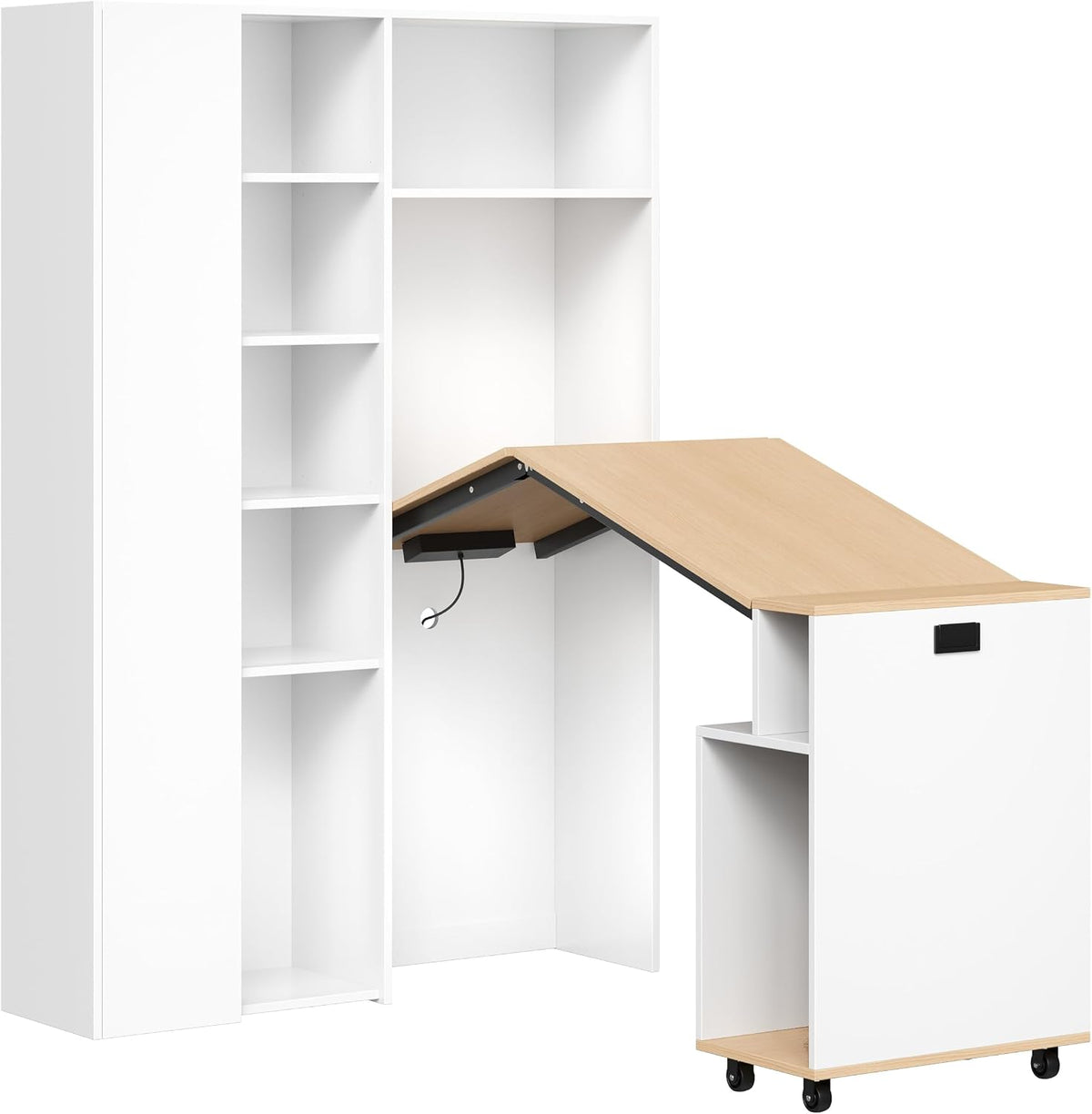Merax klappbarer 2-in-1 Schreibtisch mit Ablagen, Steckdose & USB, Kippschutz, Eck-Schreibtisch Links – Homeoffice, Studentenwohnung, platzsparend, funktional, Regal & Arbeitsplatz, Weiß