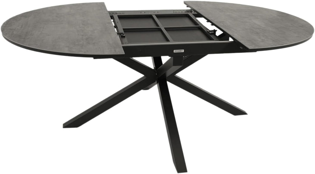 DEGAMO Gartentisch Ausziehtisch Lyon 140cm rund, ausziehbar auf 200cm, Aluminium anthrazit + ECP in Keramikoptik hellgrau, Outdoor