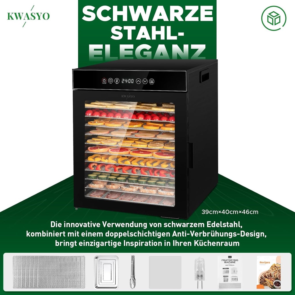Deshidratador de alimentos Kwasyo de acero inoxidable, 12 bandejas, totalmente negro, control de temperatura de 30-90℃, temporizador de 24 horas, recetario para carne, frutas, verduras y hierbas, 900W, LT-09
