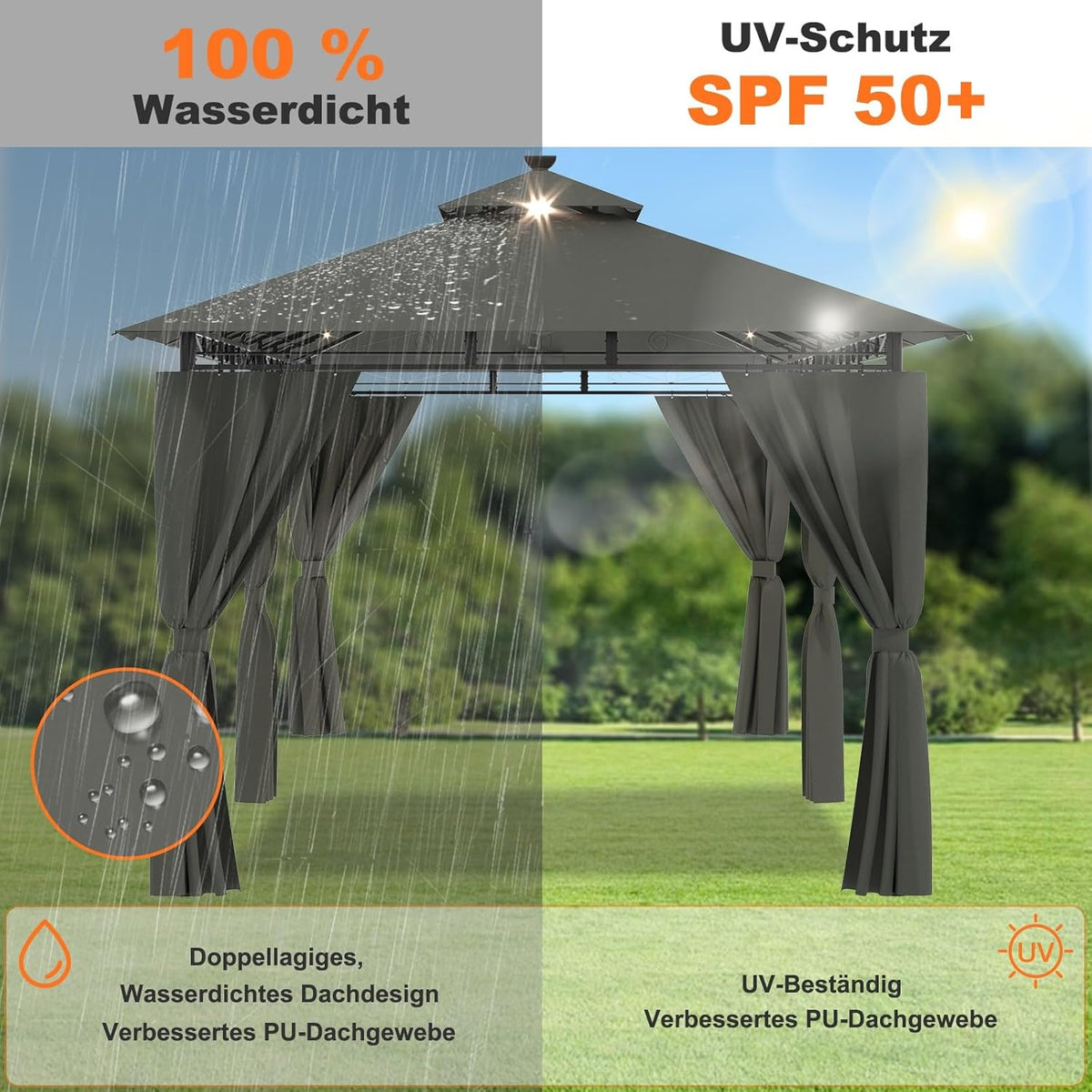 Devoko Garden Pavillon 3x6 Wasserdicht Stabil Winterfest Deluxe Gazebo, UV-Schutz 50+ Doppellagiges Grilpavillons mit seitenwänden für 10-20 Personen, Partyzelt für Freizeit, Partys, Grau mit LED