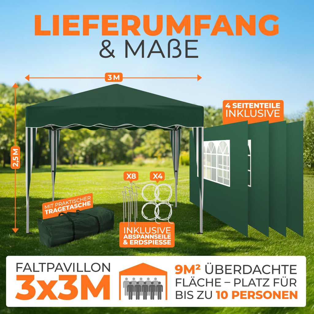Gazebo plegable impermeable Kronenburg, dimensiones del techo 3 x 3 m, protección UV 50+, cenador en verde con 4 paneles laterales
