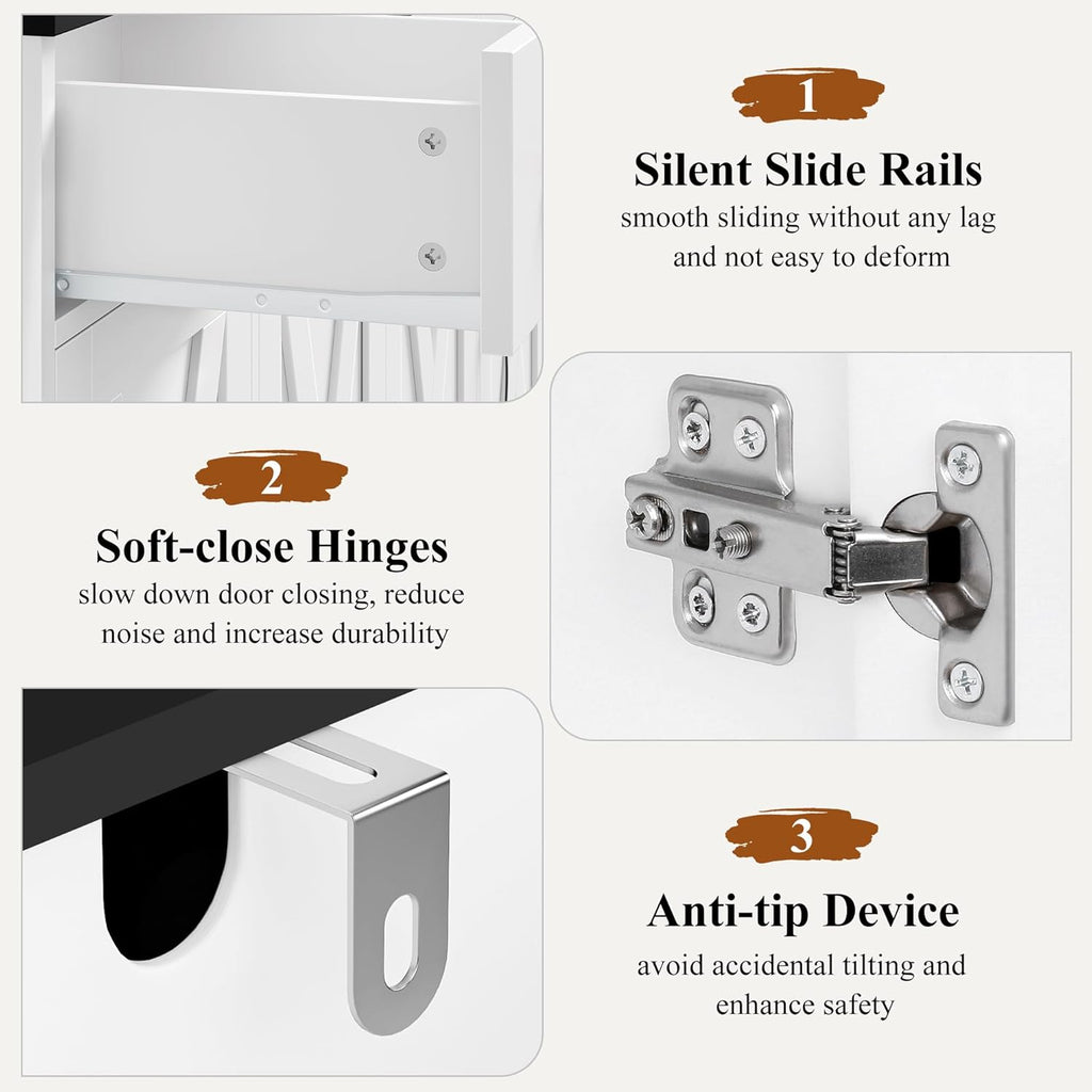 Aparador HOCSOK, armario de cocina de 140 cm de ancho con 2 estantes ajustables, aparador con 3 cajones y 4 puertas, buffet de cocina para salón, cocina, pasillo, blanco y negro