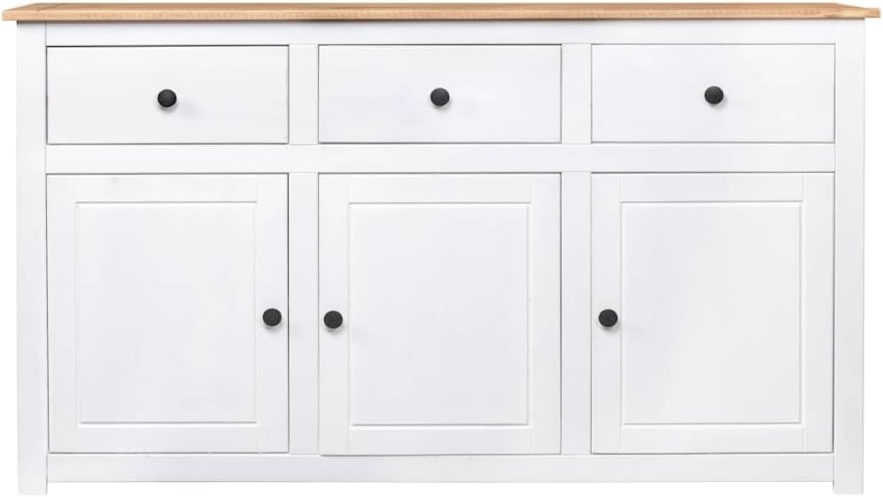 vidaXL Aparador de madera maciza de pino de Panamá con 3 cajones y 3 puertas, cómoda, mueble auxiliar, armario multiusos, alacena, blanco, 135x40x80 cm