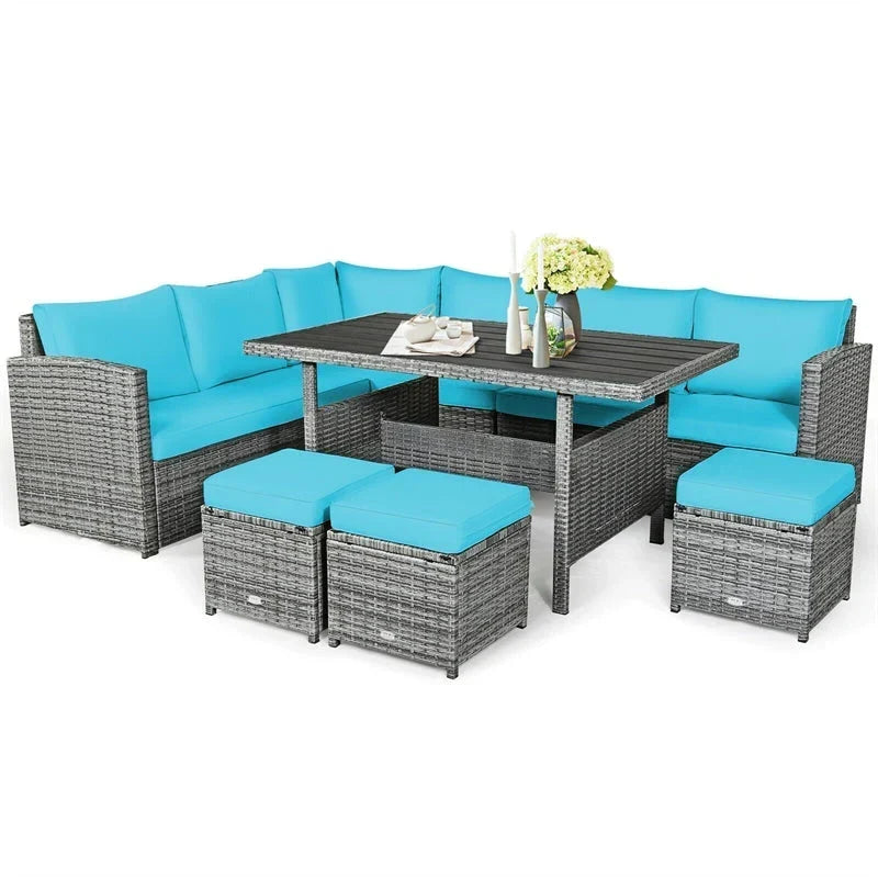 Conjunto de muebles de comedor para patio de 7 piezas de ratán con sofá seccional, mesa de comedor, otomanas y cojines