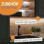 Cocina esquinera Vicco Rick, blanco alto brillo, 167 x 60 cm, encimera efecto mármol con tiras LED