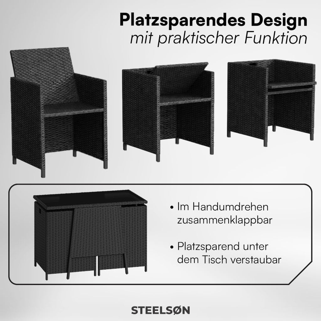 STEELSØN Xenara Essgruppe 3-teilig, 2 Personen, Schwarz/Anthrazit, Rattan