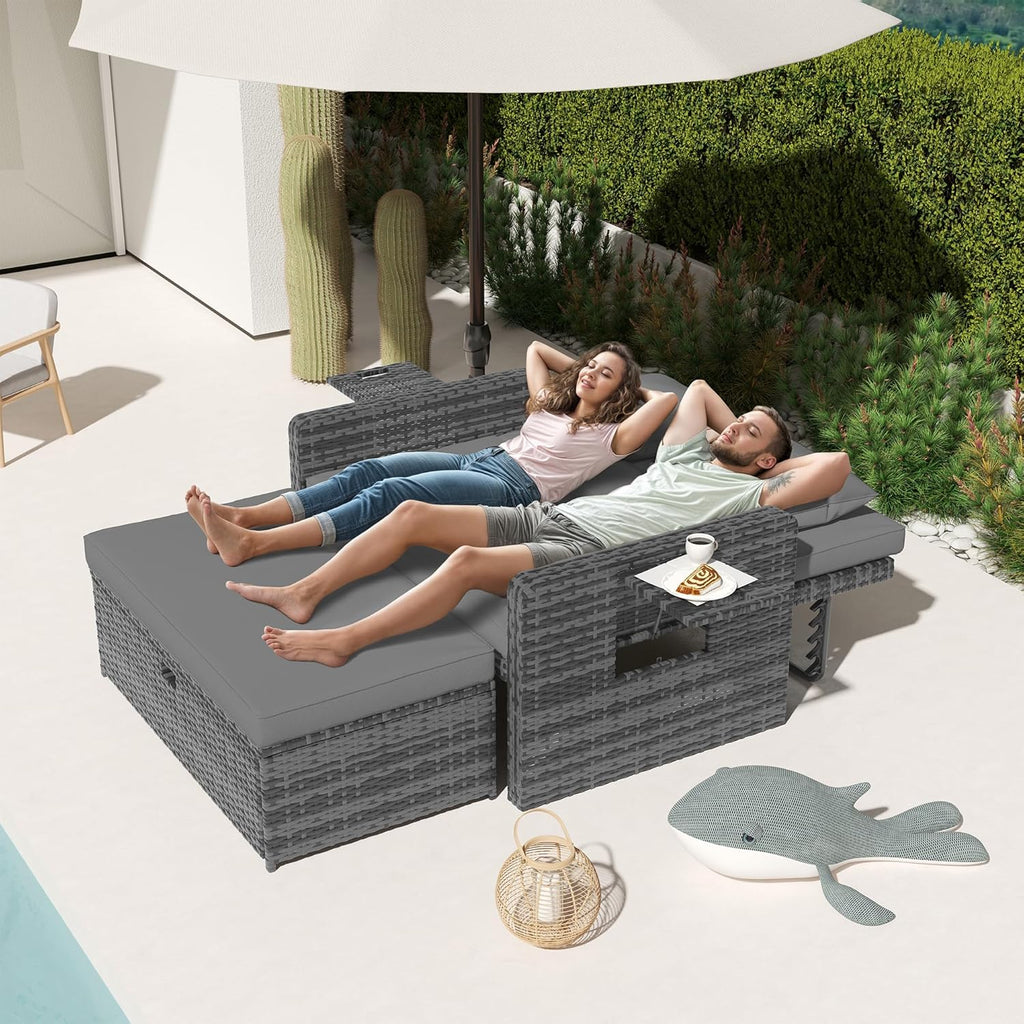 Amopatio Rattan Gartenlounge Outdoor Set, 2-Sitzer Gartensofa mit Auflagenbox & Verstellbarer Rückenlehne, Wetterfestes Lounge Möbel für Balkon und Terrasse mit Hocker und Kissen, Grey