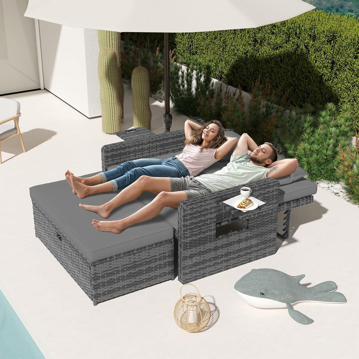 Amopatio Rattan Gartenlounge Outdoor Set, 2-Sitzer Gartensofa mit Auflagenbox & Verstellbarer Rückenlehne, Wetterfestes Lounge Möbel für Balkon und Terrasse mit Hocker und Kissen, Grey