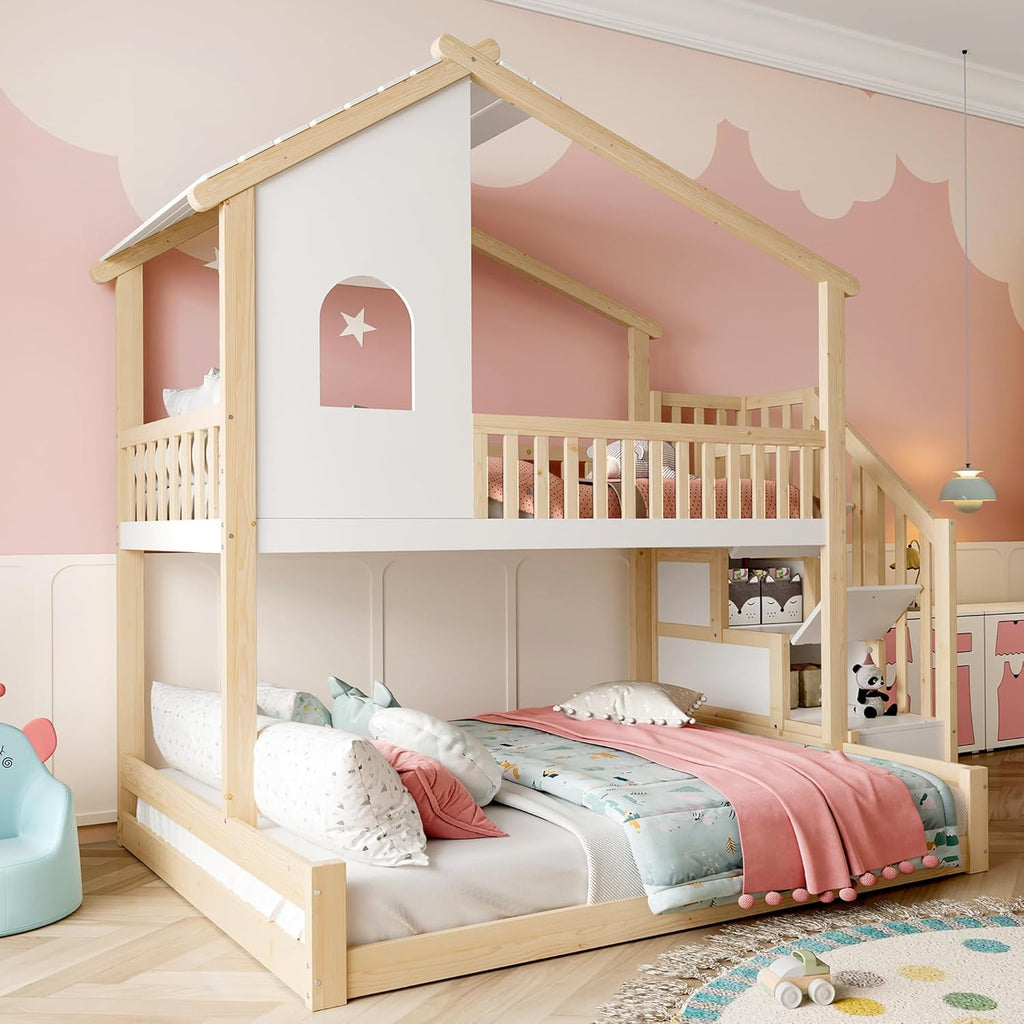 Litera infantil Merax para 2 niños, 90x200 y 140x200 cm, cama alta tipo casita con techo, ventana y barandilla, escalera con 2 compartimentos de almacenamiento, cama con somier y protección anticaídas, sin colchón, blanco y natural