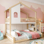 Litera infantil Merax para 2 niños, 90x200 y 140x200 cm, cama alta tipo casita con techo, ventana y barandilla, escalera con 2 compartimentos de almacenamiento, cama con somier y protección anticaídas, sin colchón, blanco y natural