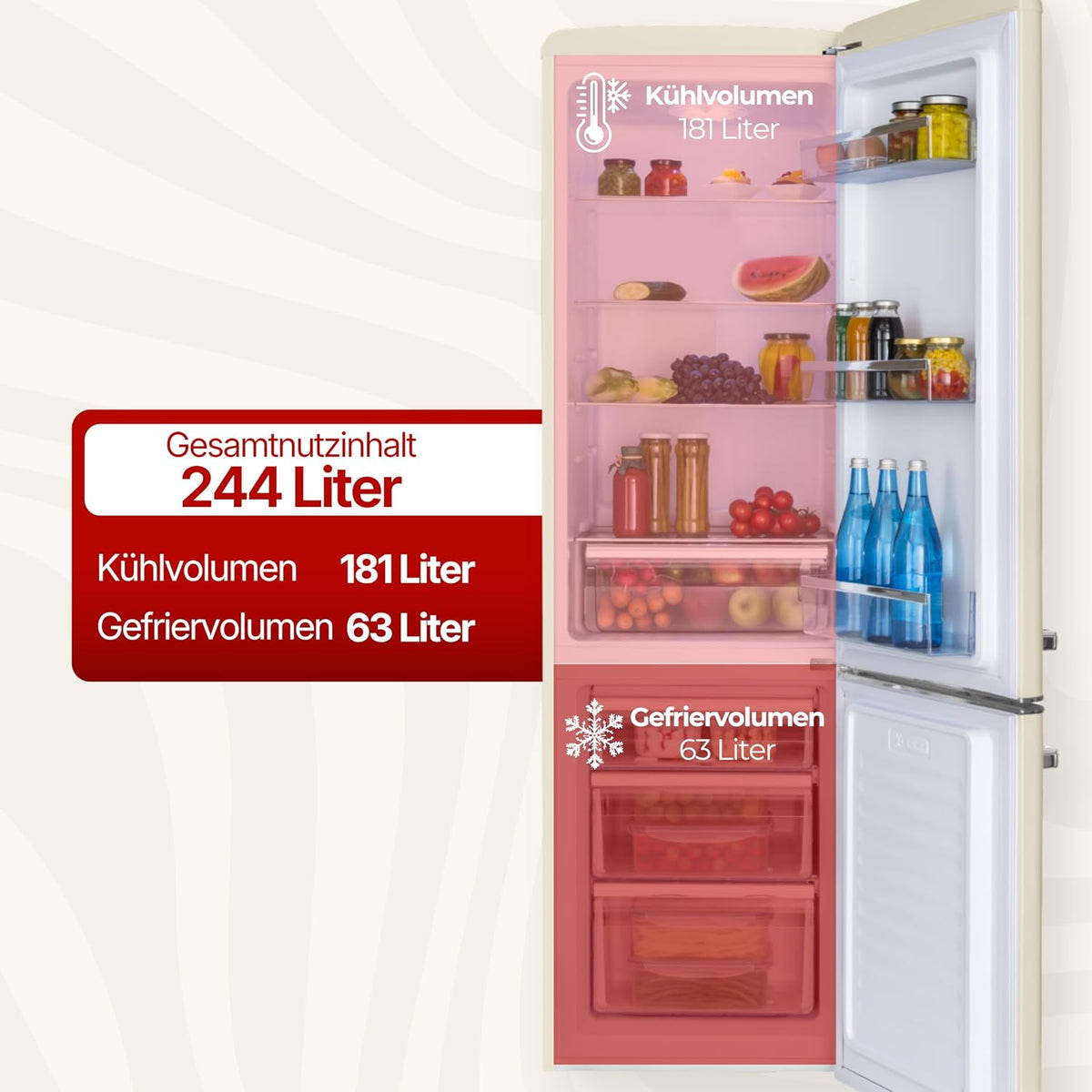 Amica Retro Kühl-Gefrierkombination 244L 181 x 55 x 61,5cm KGCR 387 101 B | 181L Kühlteil 63L Gefrierteil, LED Beleuchtung, Automatische Abtauung, Sicherheitsglas, Chrom-Flaschengitter, Leiser Betrieb