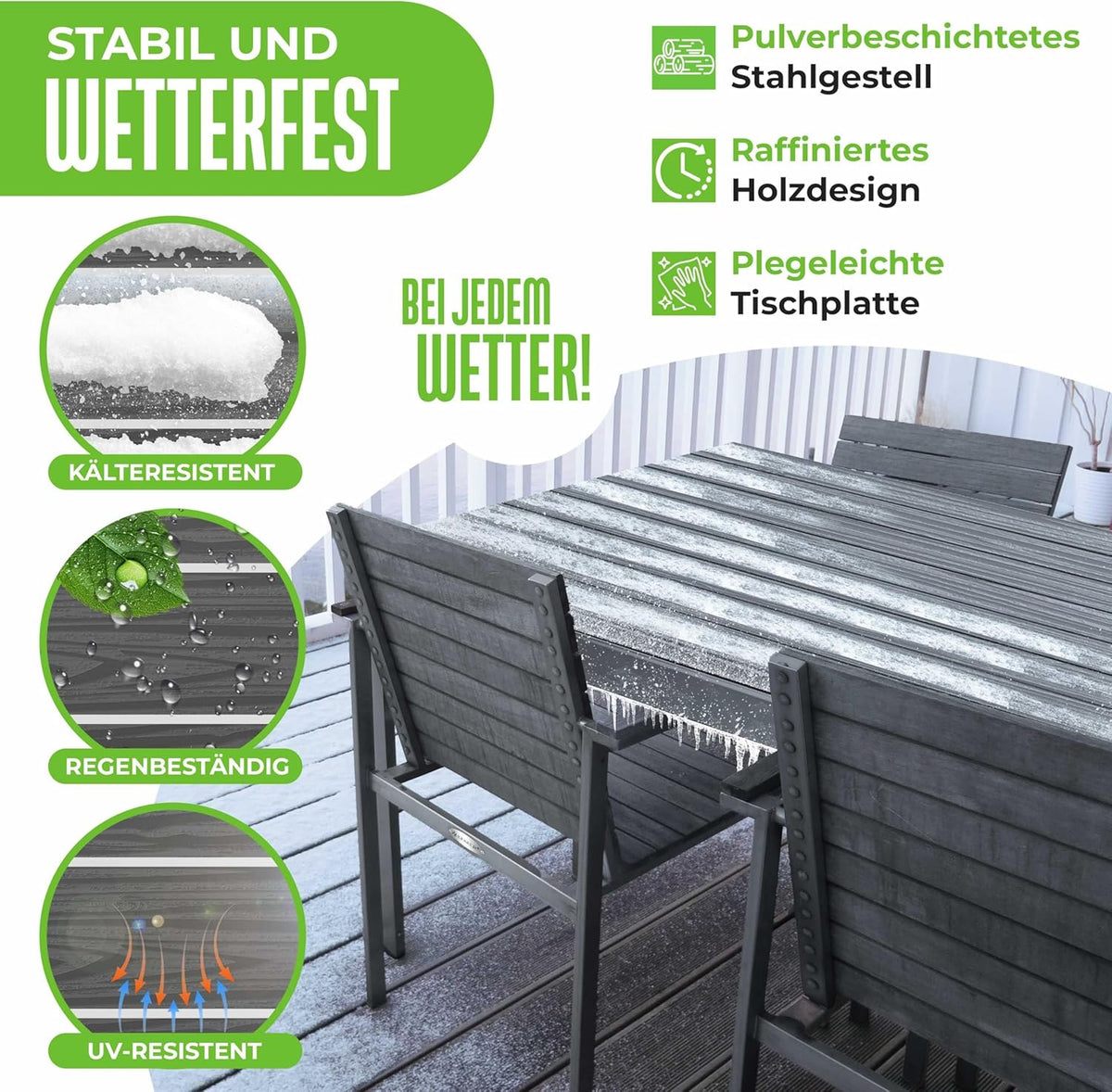 KESSER® Gartentisch 156x78cm für bis 6 Personen Esstisch Wetterfest & UV-Beständig | Outdoor Tisch mit pulverbeschichteter Stahl-Gestell & Kunststoff Tischplatte in Holz-Optik inkl. 6 Filz-Untersetzer