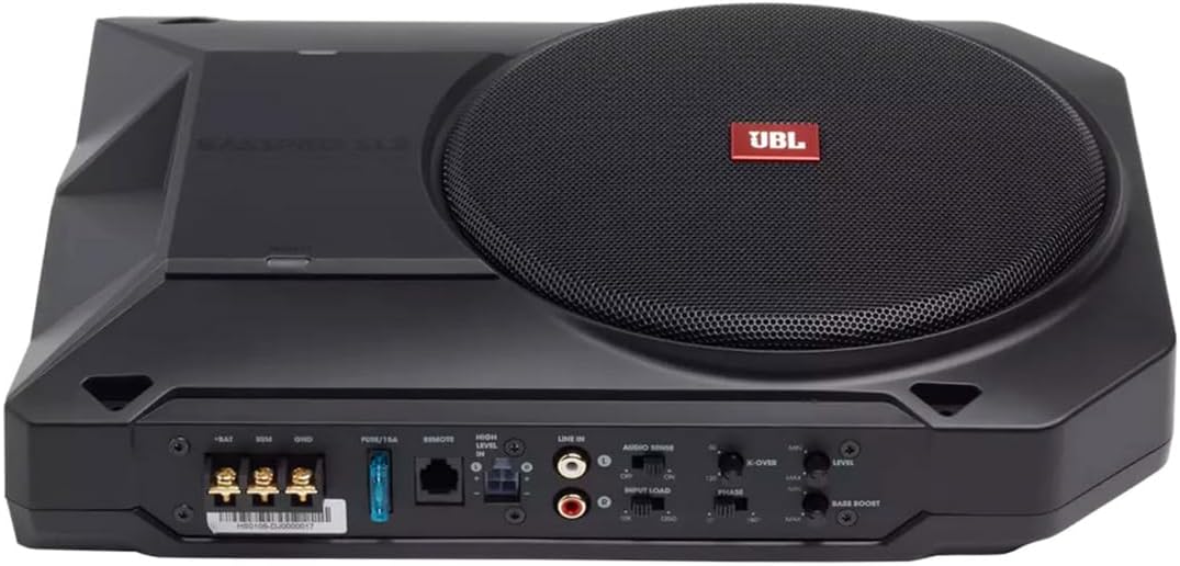 Subwoofer activo para coche JBL BassPro SL2 de 8 pulgadas bajo el asiento - Subwoofer para coche de 125 vatios con amplificador de potencia integrado, negro