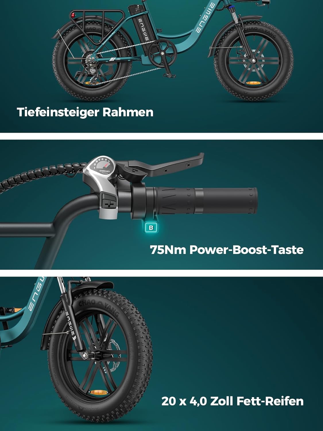 Bicicleta eléctrica ENGWE L20 Boost para adultos, batería extraíble de 48V 13Ah, autonomía de hasta 126 km, neumáticos anchos de 20x4,0, bicicleta eléctrica de 7 velocidades
