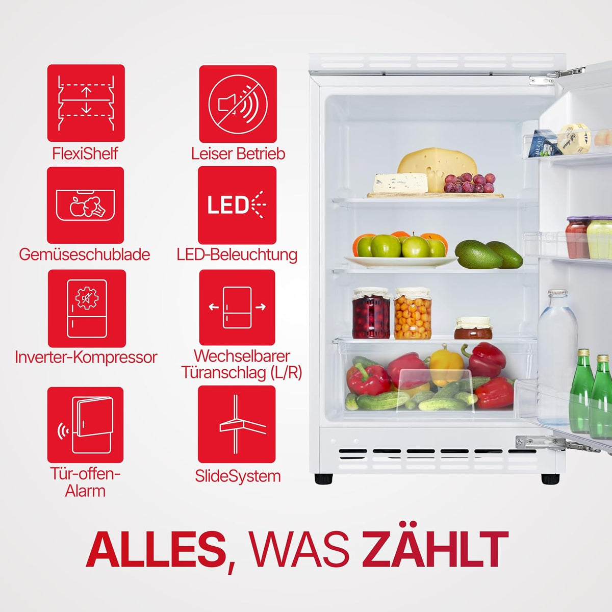 Frigorífico integrable bajo encimera Amica, capacidad total, integrable (panelable) para nicho de 81,5 cm, control electrónico, compresor Inverter, iluminación LED, alarma de puerta abierta