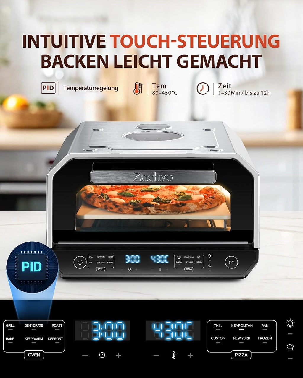 Horno para pizza eléctrico 450°C – Pizza napolitana en 90 segundos, ventana de visualización e iluminación interior, 6 programas y 6 modos de cocción, modo de chef profesional, pala para pizza, piedra para pizza y bandeja de horno, plateado
