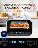 Horno para pizza eléctrico 450°C – Pizza napolitana en 90 segundos, ventana de visualización e iluminación interior, 6 programas y 6 modos de cocción, modo de chef profesional, pala para pizza, piedra para pizza y bandeja de horno, plateado