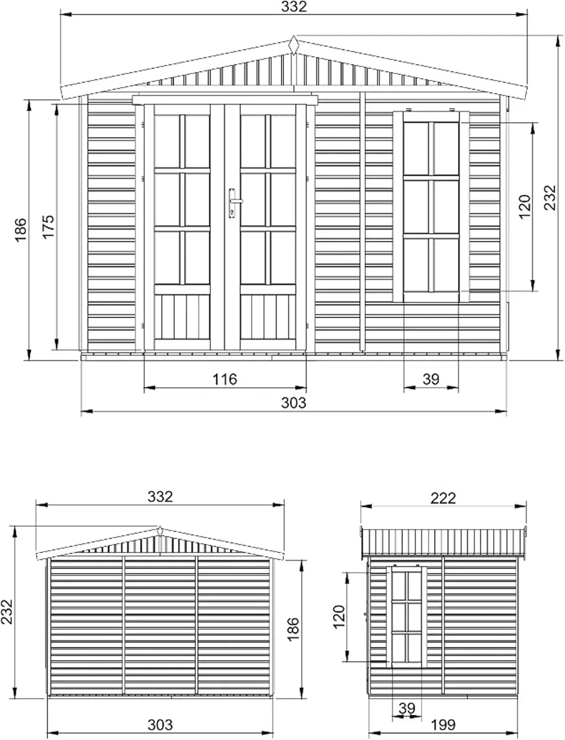 TIMBELA Caseta de jardín de madera de 6 m2 - Cobertizo de jardín exterior con suelo, ventana, puerta doble - Cabaña de jardín para trabajar en casa - con tejas bituminosas verde M334FB+H334FBGREEN