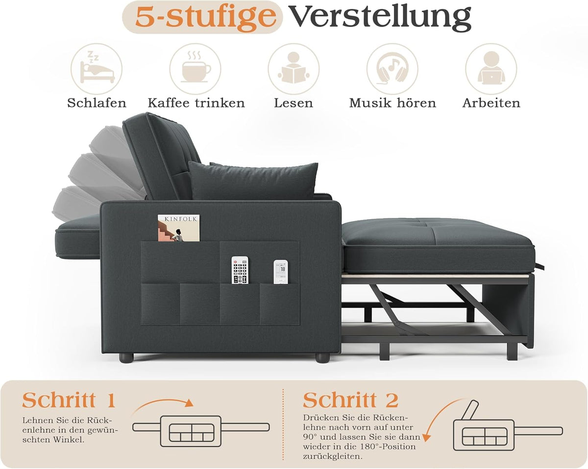 LUXOAK Schlafsofa 186 x 122 cm mit 5-stufig Verstellbarer Rückenlehne, 3-in-1 Schlafcouch mit Kissen und Seitentasche, graues Leinen-Sofa für Gästezimmer & kleine Räume