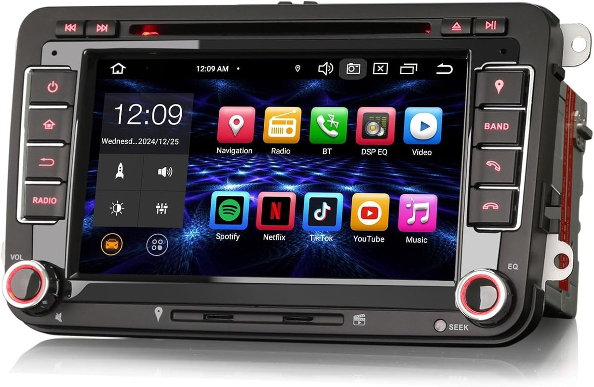 Erisin Autorradio Android 14 de 7 pulgadas, 8 núcleos, 4GB+64GB, Bluetooth, Navegador GPS para VW T5, Golf 5, Golf 6, Polo, Caddy, Tiguan, Touran, Passat, Seat, CarPlay inalámbrico, Android Auto, DAB+, DVD, DSP, WiFi, RDS, USB, OPS