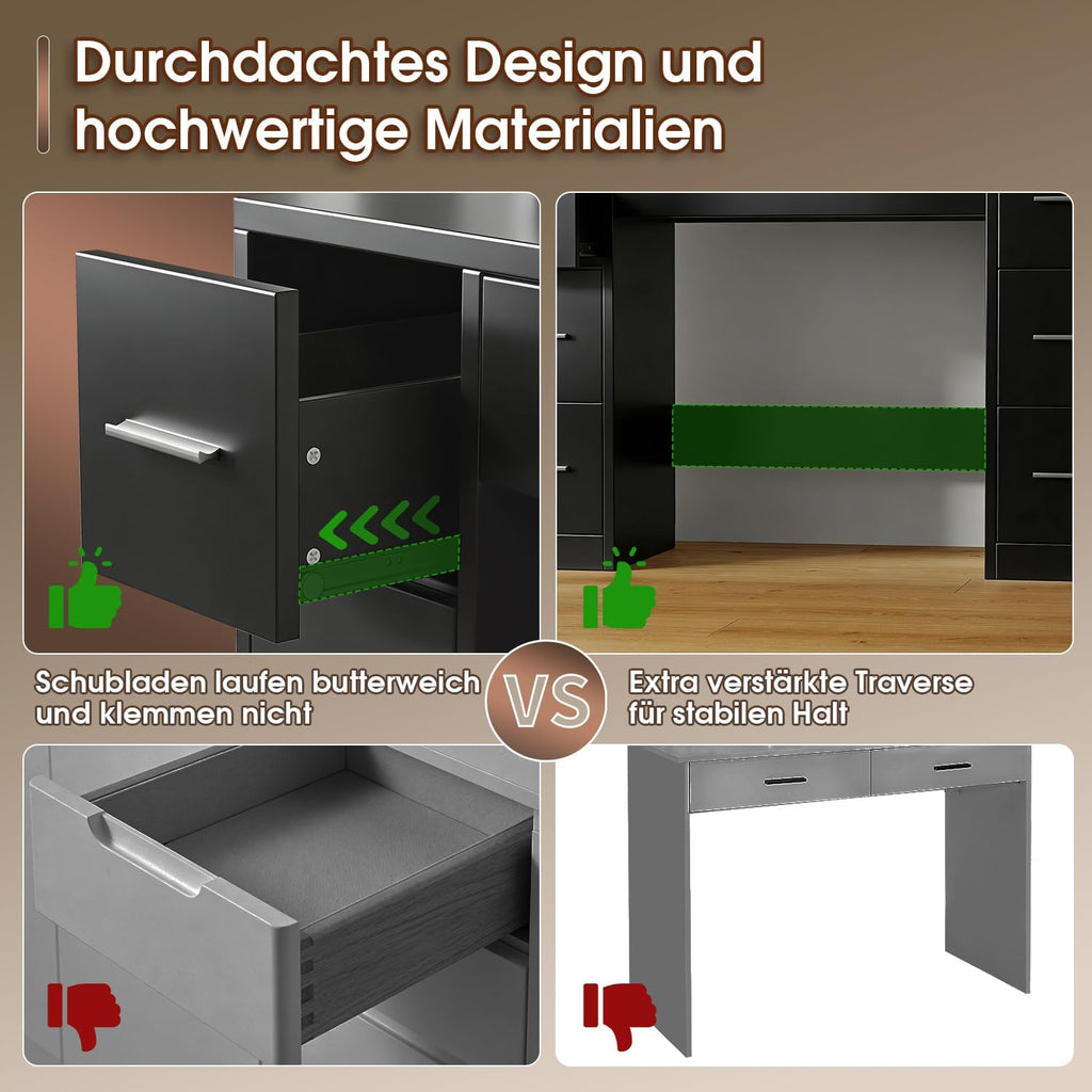 Tocador grande JUMMICO con iluminación LED ajustable y enchufes, tocador con espejo y 7 cajones, tocador moderno con 10 luces LED para dormitorio, negro