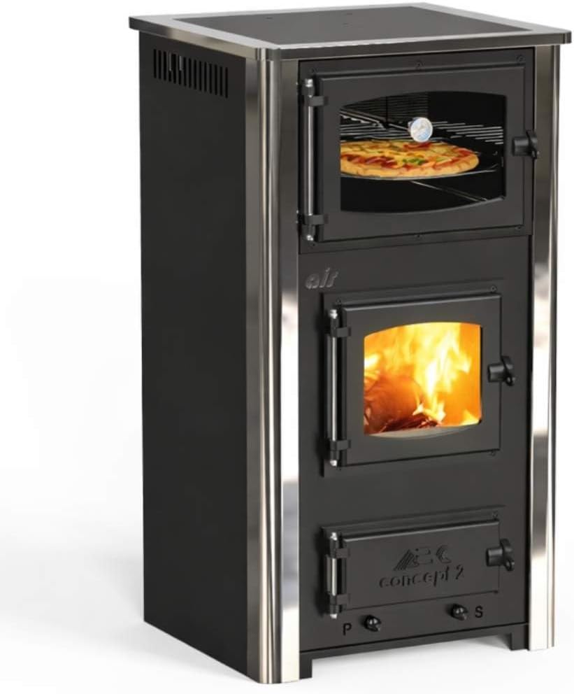 Estufa de leña con horno y placa de cocción ABC Concept 2 Air Mini, conexión múltiple, estufa de leña de 10 kW, chimenea, estufa, estufa de taller, estufa sueca, estufa de cabaña, estufa de calefacción, estufa de leña