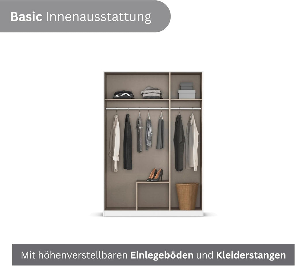 Rauch Möbel Lagoa, Kleiderschrank, Garderobe für Schlafzimmer, Kinderzimmer, Jugendzimmer 3-türig mit Spiegel, 2 Schubladen, mit Zubehör Basic, Farbe Weiß, Breite 136 cm