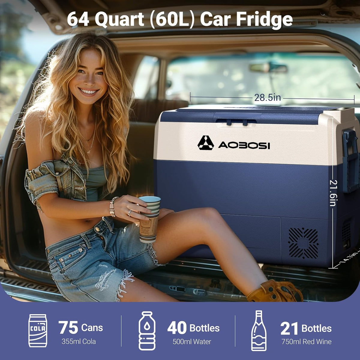 AAOBOSI Nevera portátil con compresor de 60 L, nevera para coche con control por APP, frigorífico de camping de 12/24 V y 100-240 V con puerto USB, -20 °C a 20 °C para coche, camión, barco, autocaravana, camping y viajes