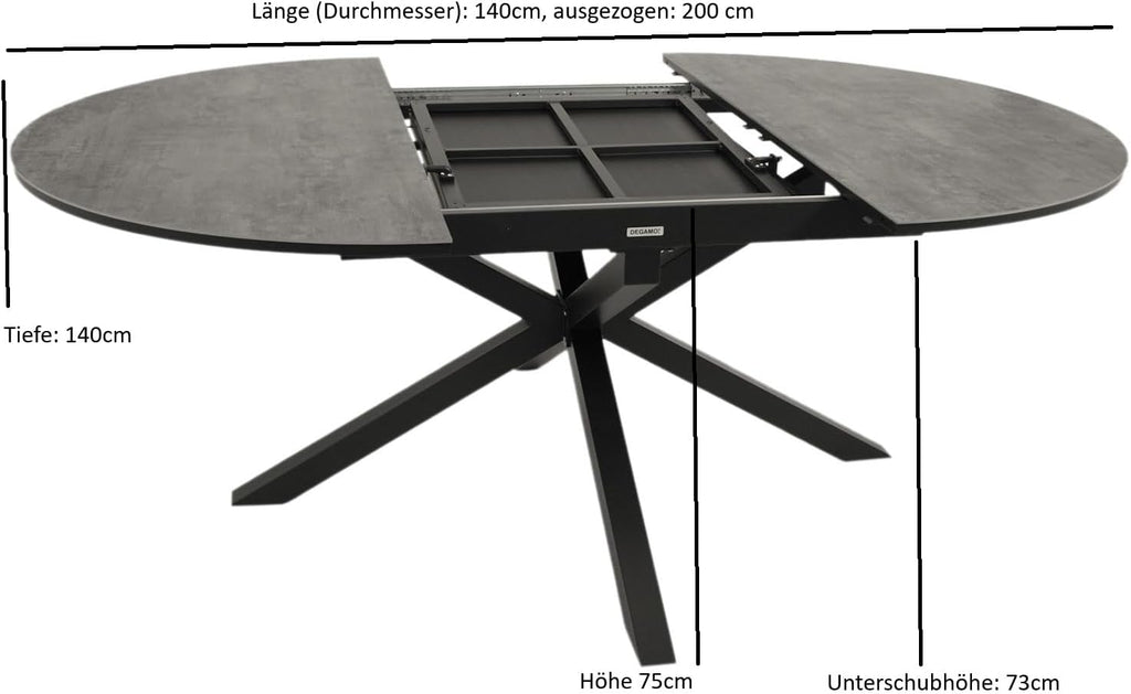 Mesa de jardín extensible DEGAMO Lyon, 140 cm redonda, extensible a 200 cm, aluminio antracita + ECP con aspecto de cerámica gris claro, para exteriores
