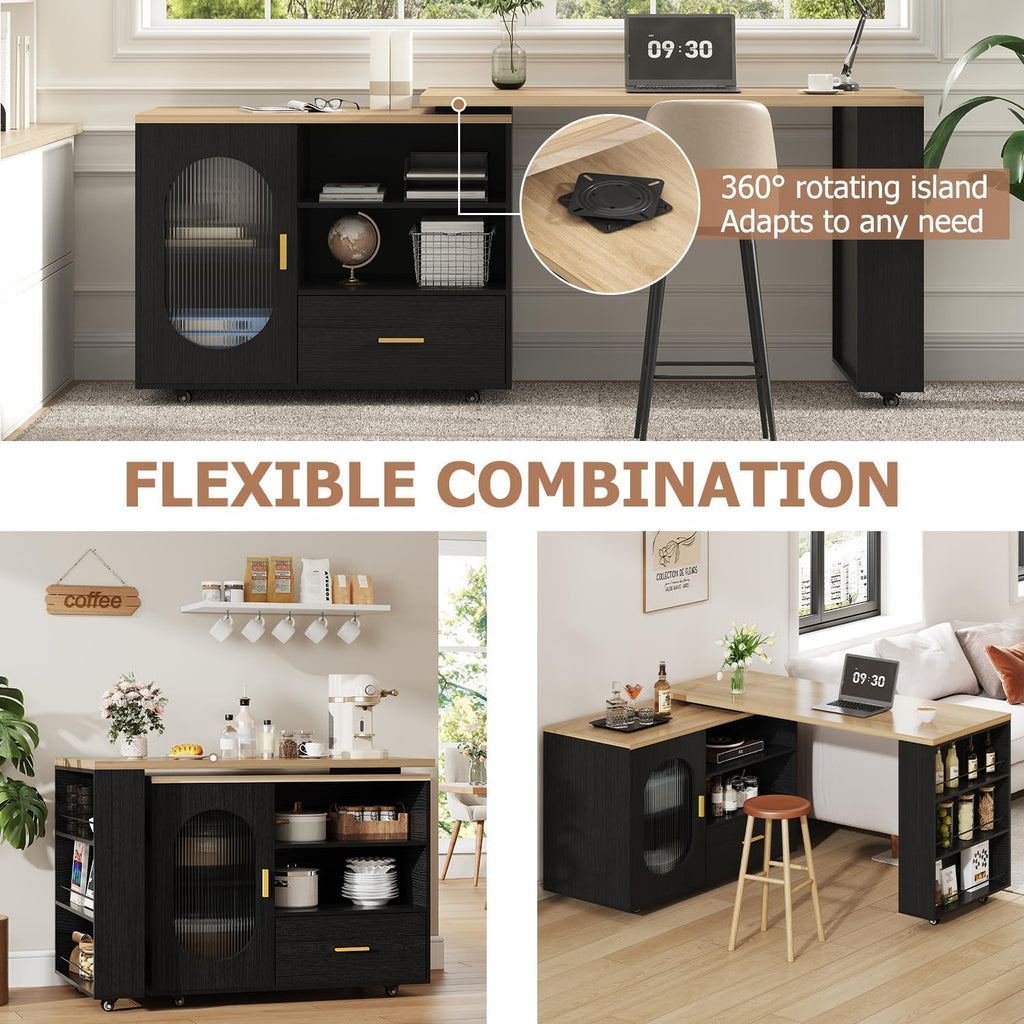 Isla de cocina IBF con asientos, mesa giratoria de 360 grados, isla de cocina con armario de almacenamiento, cajón y estantes, carrito de isla móvil con ruedas para comedor, bar en casa, color negro y roble, 184 cm