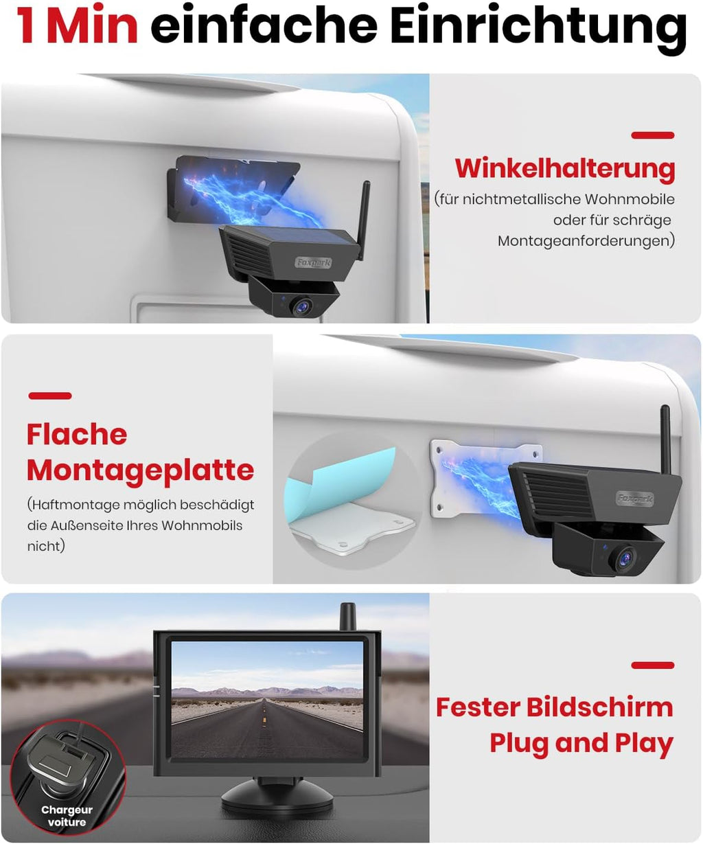Cámara de visión trasera solar magnética inalámbrica: pantalla HD 1080P de 5 pulgadas, instalación magnética en 1 minuto, señal potente, cámara de visión trasera impermeable IP69K con bolsa de almacenamiento para coche, SUV, camión y remolque