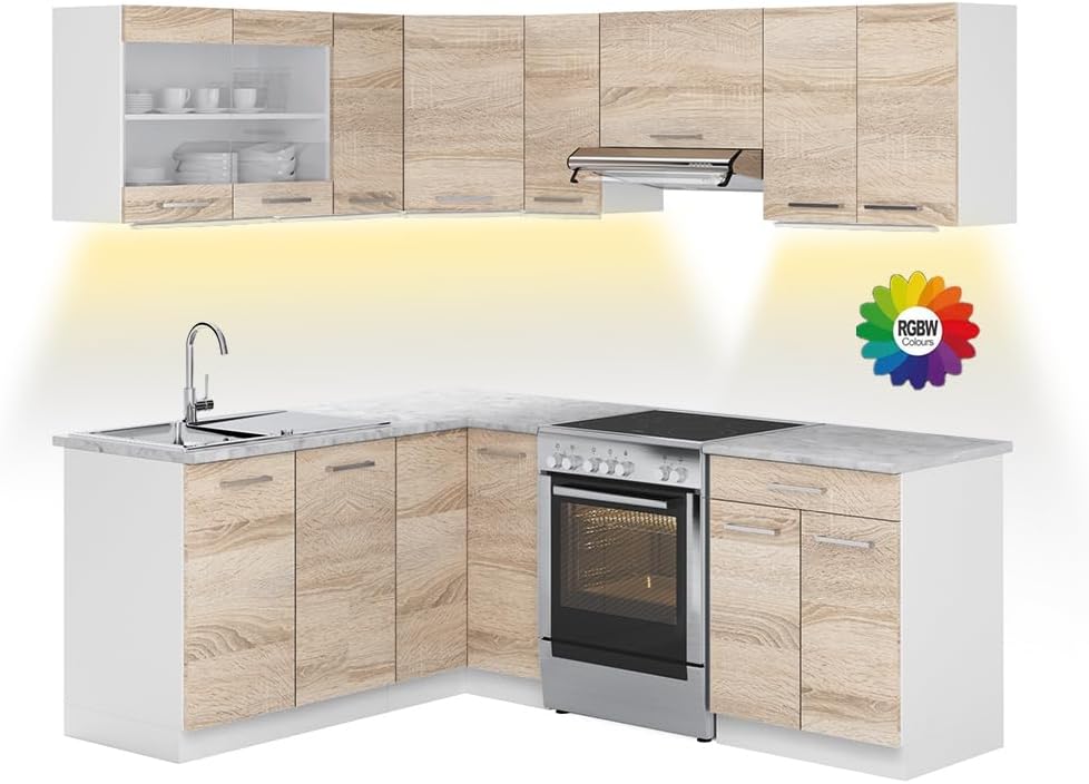 Cocina esquinera Vicco Rick, Sonoma, 167 cm, encimera efecto mármol con tiras LED