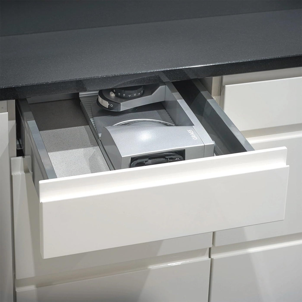 GRAEF. MYtiny MT1000 - Klappbarer Allesschneider, Made in Germany, Vollmetall, Wellenschliffmesser 170 mm, Schnittstärke 0-15 mm, Energiesparmotor 170 W, Brotschneidemaschine klappbar, Kompakt, Silber