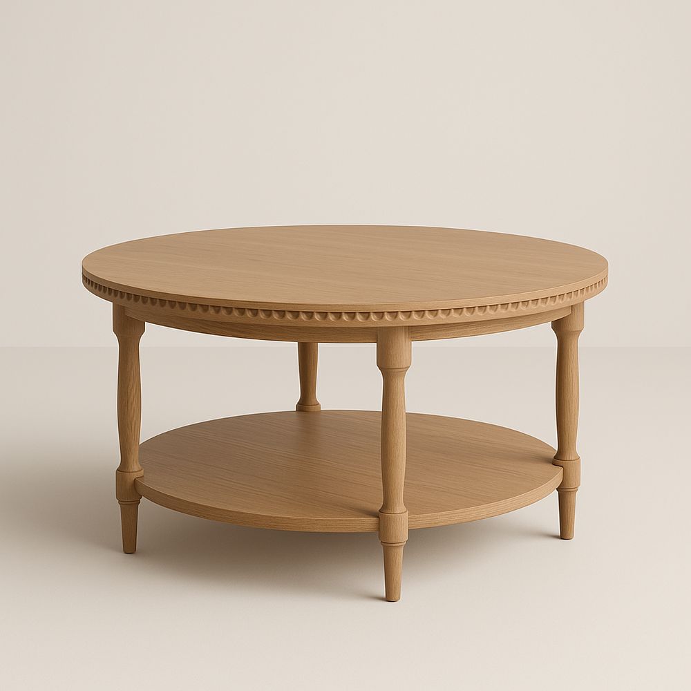 Mesa de centro redonda de madera de roble con estante de 80 cm