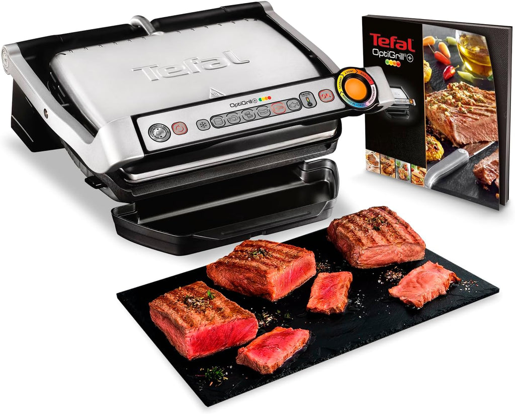 Tefal OptiGrill+ Parrilla de contacto, 6 programas, indicador de nivel de cocción, placas extraíbles, modo manual, resultados de asado óptimos gracias a la medición del grosor, parrilla eléctrica, acero inoxidable, GC712D12