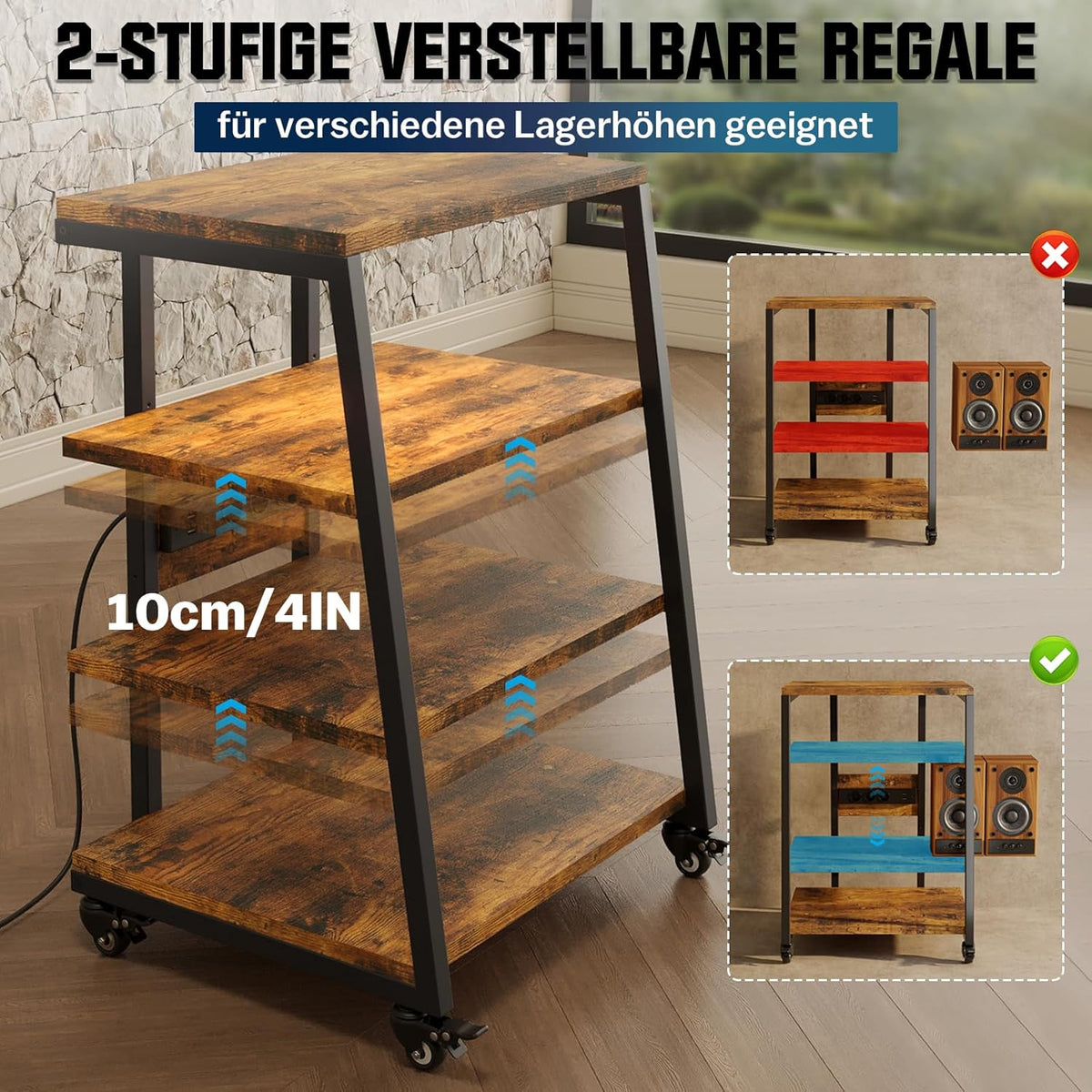 Rack HiFi de madera de 4 niveles con regletas y estante ajustable | Mesa para tocadiscos con ruedas y luces LED, estante para sistema estéreo, soporte multimedia para audio, equipos de sonido, TV, 60x52x78 cm