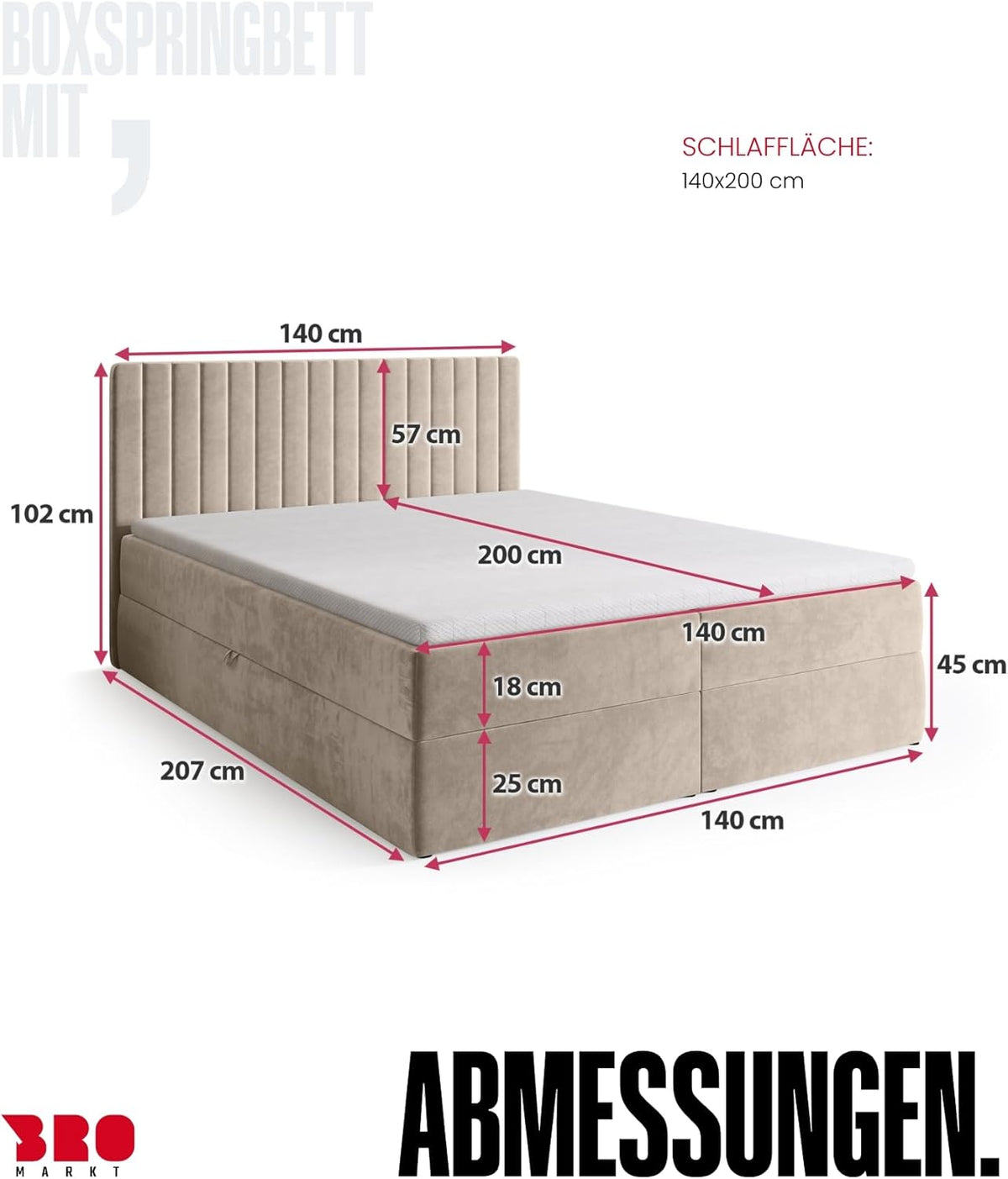Cama boxspring BROMARKT con arcón, cama tapizada con colchón Bonnell y topper, cama doble con espacio de almacenamiento para dormitorio, cabecero acolchado Dream 140x200, grado de firmeza H3, tejido de terciopelo beige