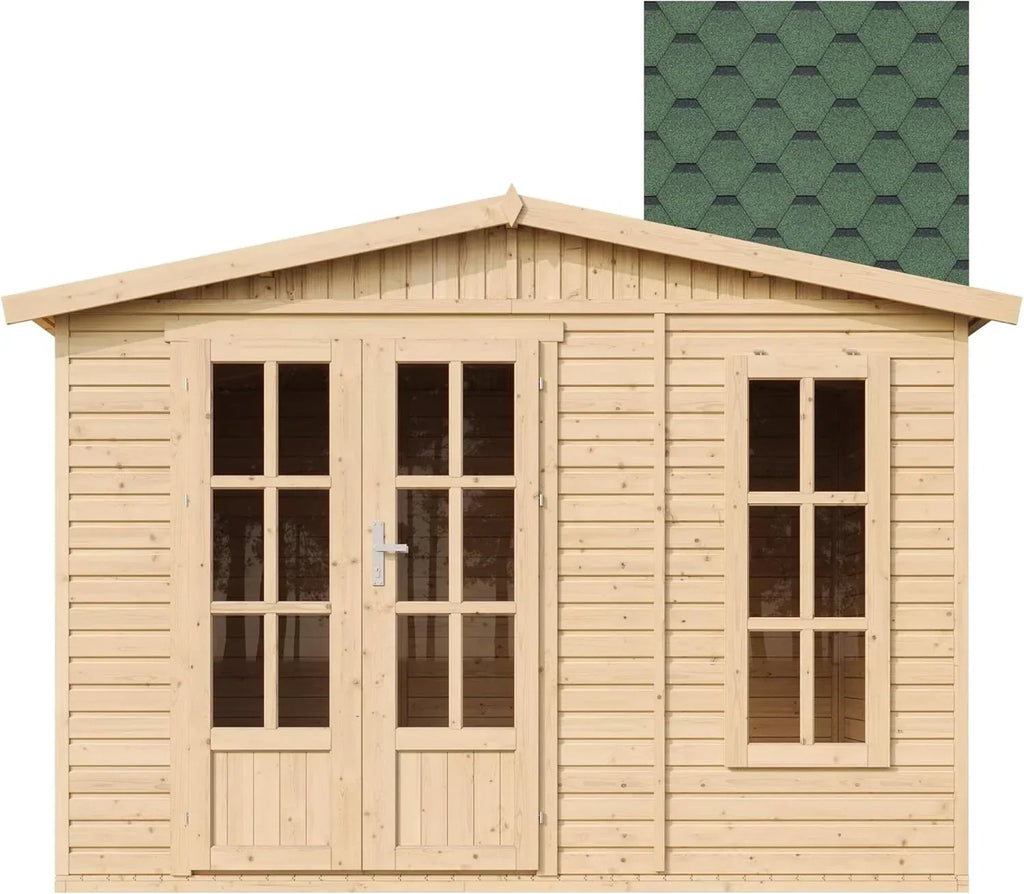 TIMBELA Caseta de jardín de madera de 6 m2 - Cobertizo de jardín exterior con suelo, ventana, puerta doble - Cabaña de jardín para trabajar en casa - con tejas bituminosas verde M334FB+H334FBGREEN