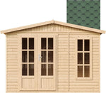 TIMBELA Caseta de jardín de madera de 6 m2 - Cobertizo de jardín exterior con suelo, ventana, puerta doble - Cabaña de jardín para trabajar en casa - con tejas bituminosas verde M334FB+H334FBGREEN