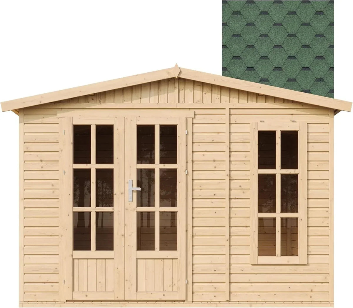 TIMBELA Caseta de jardín de madera de 6 m2 - Cobertizo de jardín exterior con suelo, ventana, puerta doble - Cabaña de jardín para trabajar en casa - con tejas bituminosas verde M334FB+H334FBGREEN