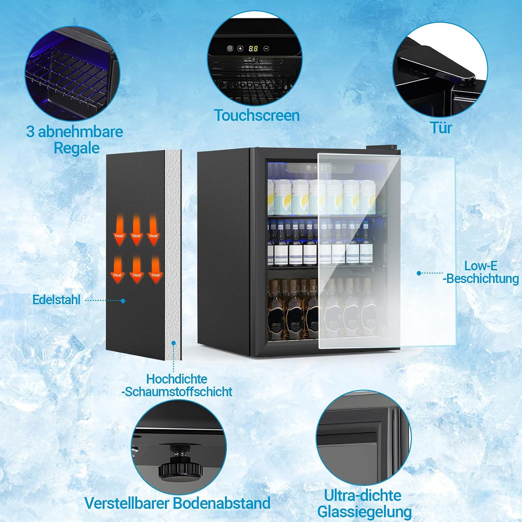 Refrigerador de bebidas, mininevera de 70 latas/50 l con puerta transparente para refrescos, cerveza o vino, frigorífico pequeño independiente con estante ajustable y pantalla digital (negro)