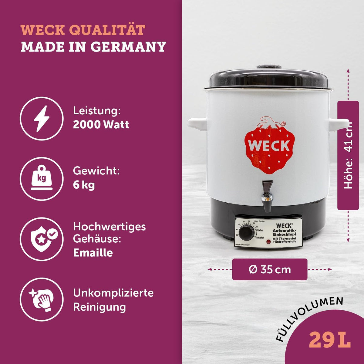 Esterilizador automático WECK WAT14-A de esmalte con termostato de precisión y grifo – Olla conservadora de 29 L, hervidor de vino caliente, extractor de jugo al vapor, máquina para conservas – Fabricado en Alemania, de alta calidad y versátil