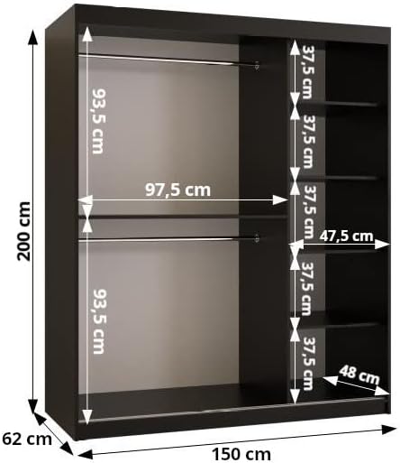 Armario de puertas correderas KRYSPOL Marmur T de 150 cm con barra para ropa y estante, armario para dormitorio o salón, diseño moderno (negro mate + mármol negro, cajones: 0)