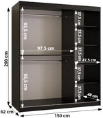 Armario de puertas correderas KRYSPOL Marmur T de 150 cm con barra para ropa y estante, armario para dormitorio o salón, diseño moderno (negro mate + mármol negro, cajones: 0)