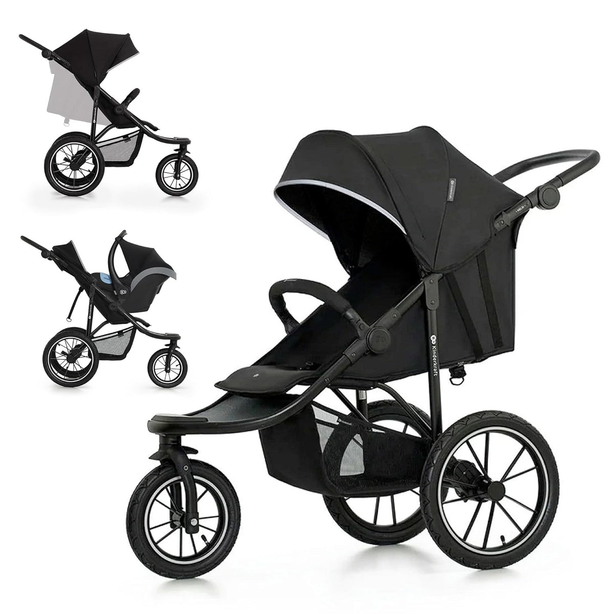 Cochecito Kinderkraft HELSI 2 hasta 27 kg, cochecito desde el nacimiento, cochecito deportivo con grandes ruedas neumáticas, función de reclinado, manillar ajustable, plegable, cesta inferior, negro